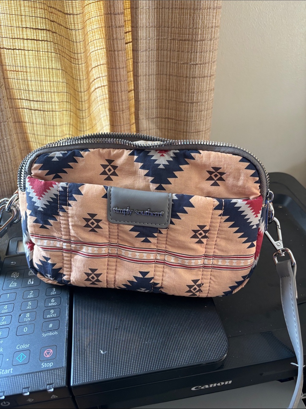 Simply Southern Tan Aztec Crossbody Pouch with Navy and Red Accents